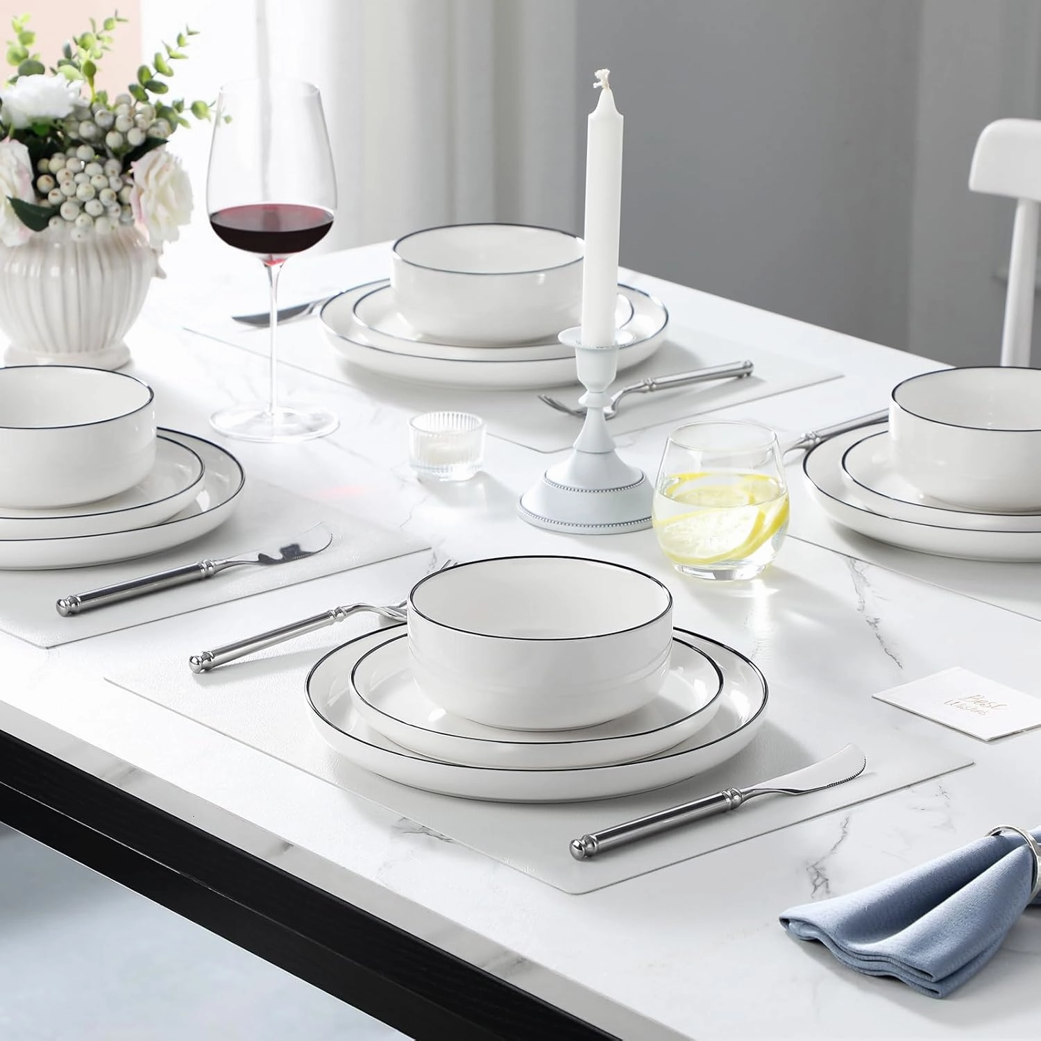 MALACASA Plates and Bowls Sets, 24 Pieces Modern Porcelain Dinnerware Set for 8 White Kitchen Dinner Dining Ware Set wtih Black Rim Ceramic Dishware Dishes Microwave and Dishwasher Safe, Series LUNA