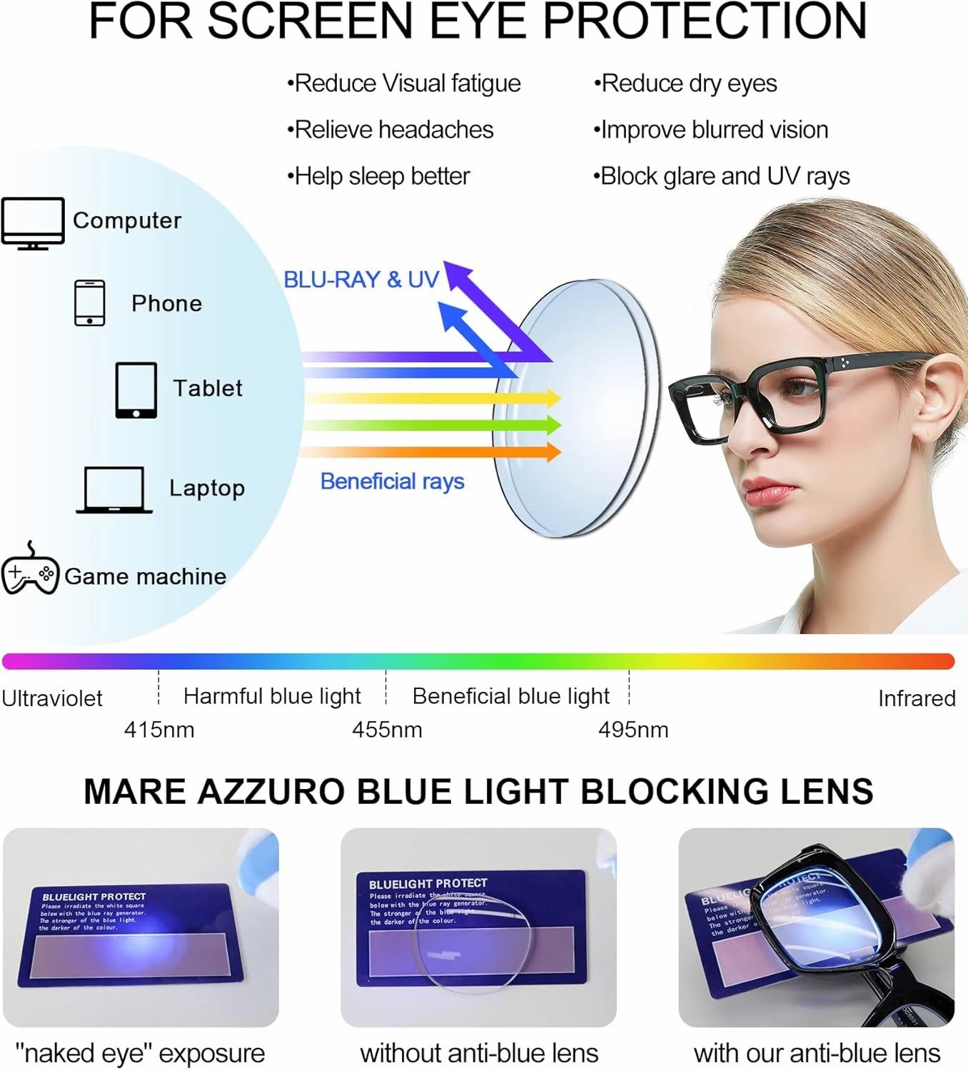 MARE AZZURO Blue Blocking Eyewear Women Stylish Computer Eyeglasses Black Gaming Glasses for Female No Magnification