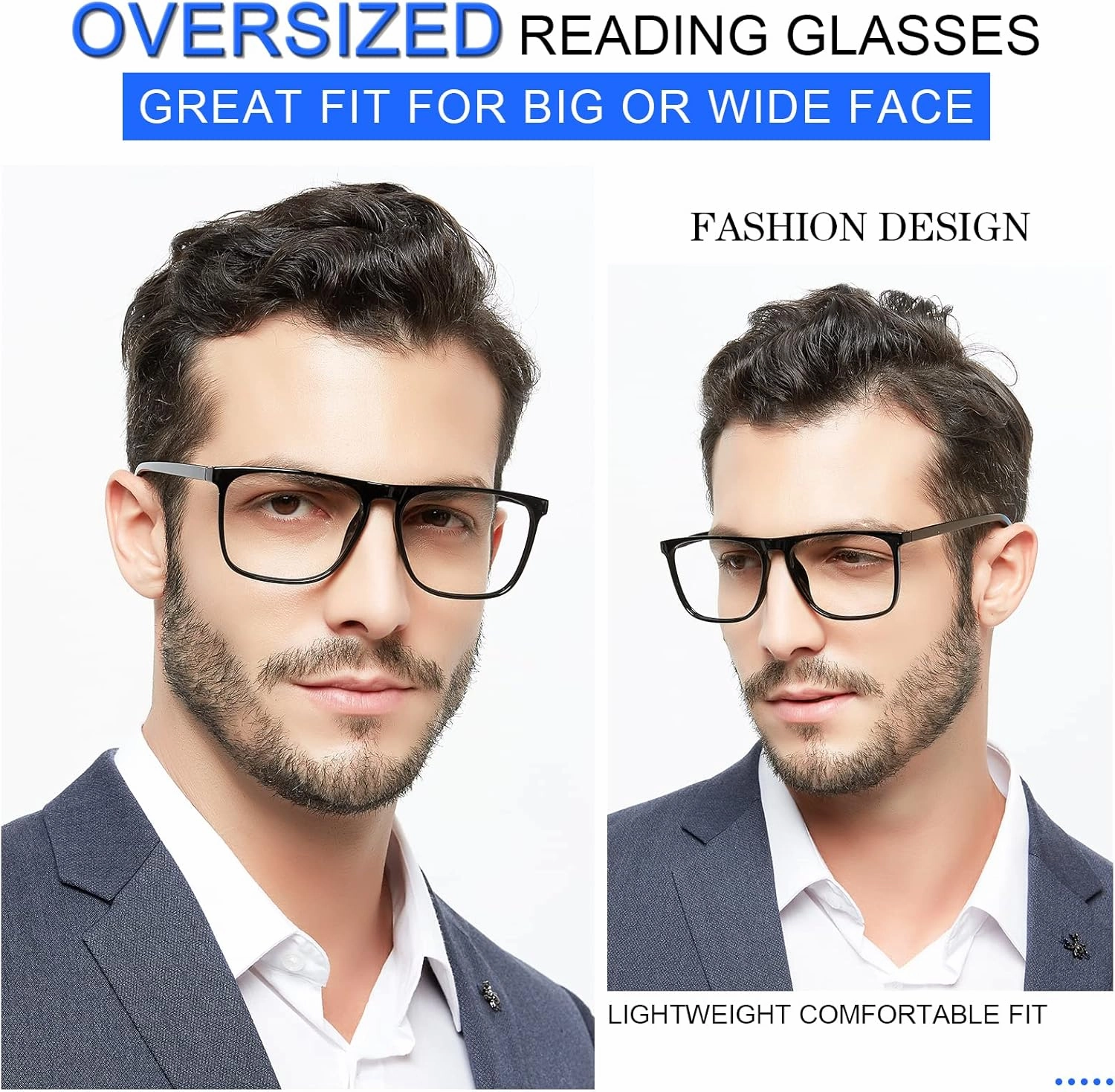 MARE AZZURO Oversized 1.00 Reading Glasses Men Big Square Readers for Large Head 1.0 1.25 1.5 1.75 2.0 2.25 2.5 2.75 3.0 3.5 4.0 5.0 6.0 (Black, 100)