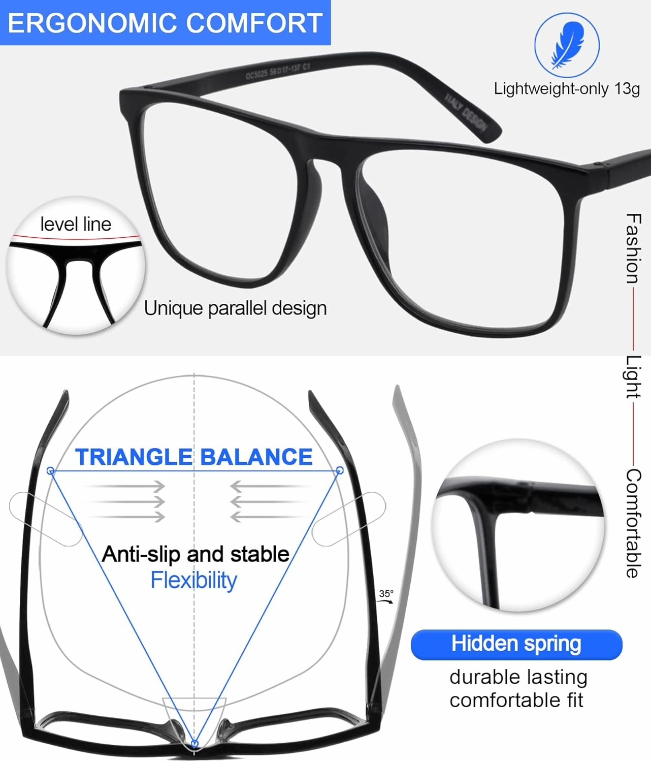 MARE AZZURO Oversized 1.00 Reading Glasses Men Big Square Readers for Large Head 1.0 1.25 1.5 1.75 2.0 2.25 2.5 2.75 3.0 3.5 4.0 5.0 6.0 (Black, 100)