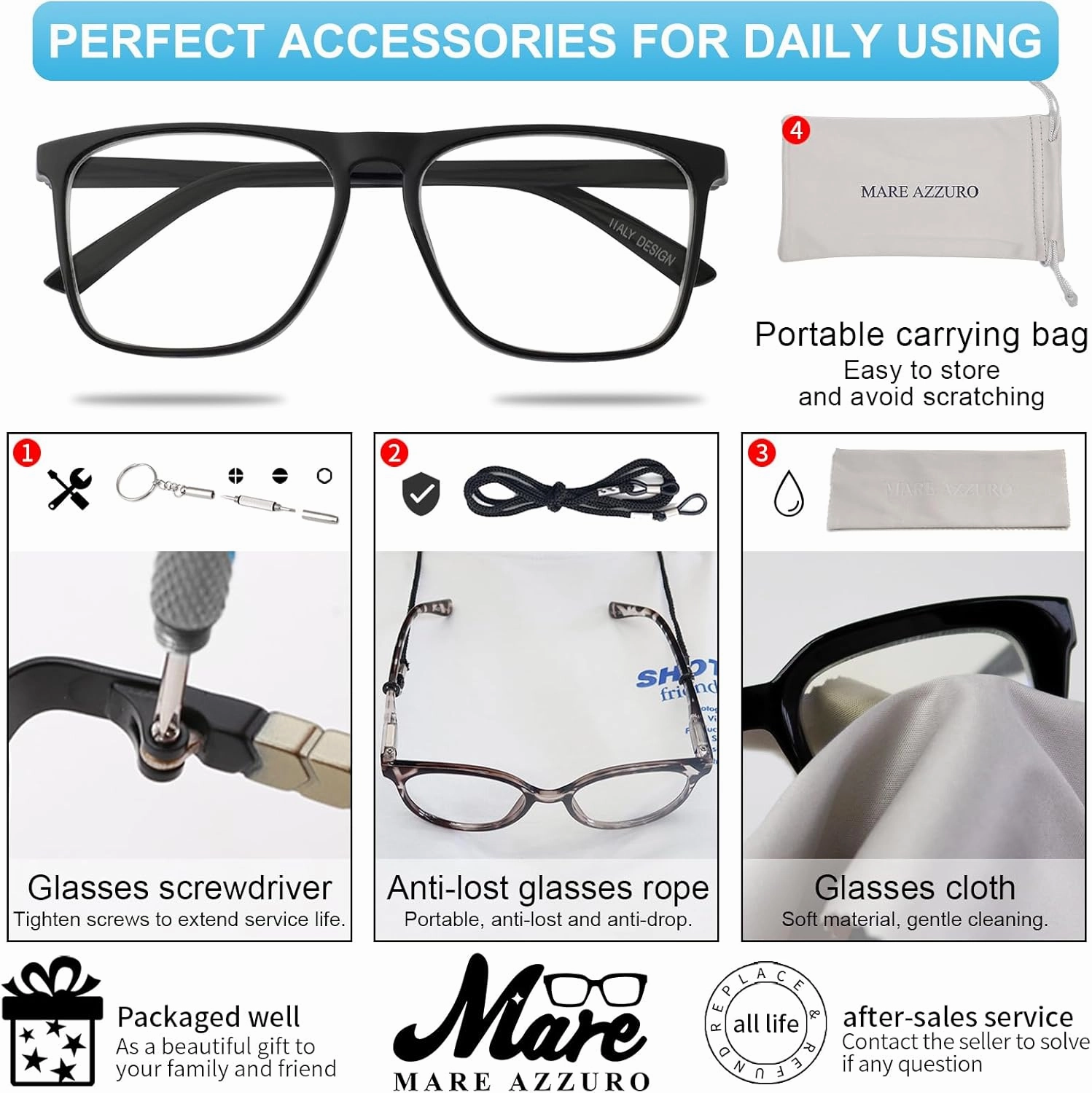 MARE AZZURO Oversized 1.00 Reading Glasses Men Big Square Readers for Large Head 1.0 1.25 1.5 1.75 2.0 2.25 2.5 2.75 3.0 3.5 4.0 5.0 6.0 (Black, 100)