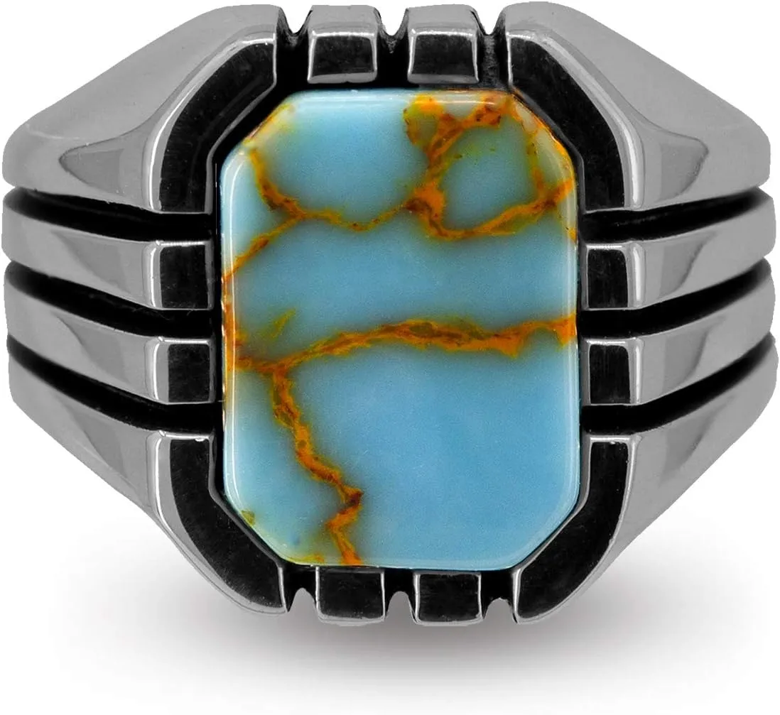 Men's Classics Stripe Design 925 Sterling Silver Ring with Square Shaped Antique Turquoise Gemstone