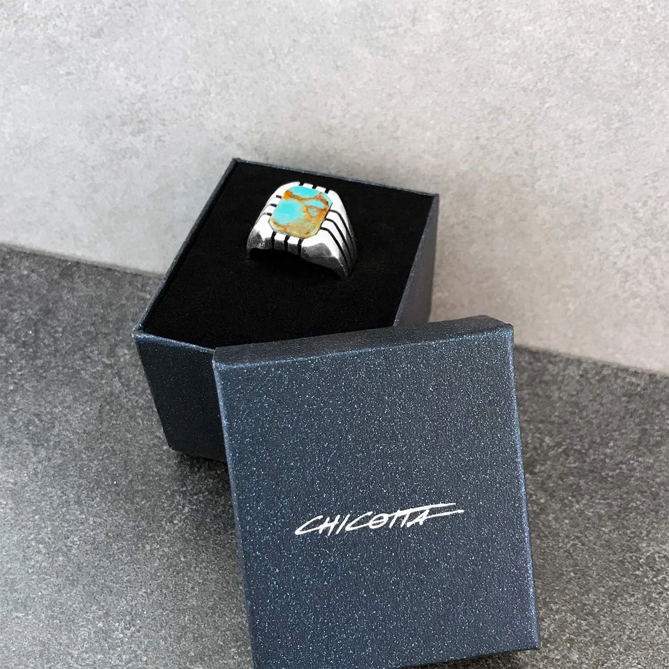 Men's Classics Stripe Design 925 Sterling Silver Ring with Square Shaped Antique Turquoise Gemstone