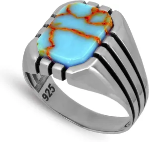 Men's Classics Stripe Design 925 Sterling Silver Ring with Square Shaped Antique Turquoise Gemstone