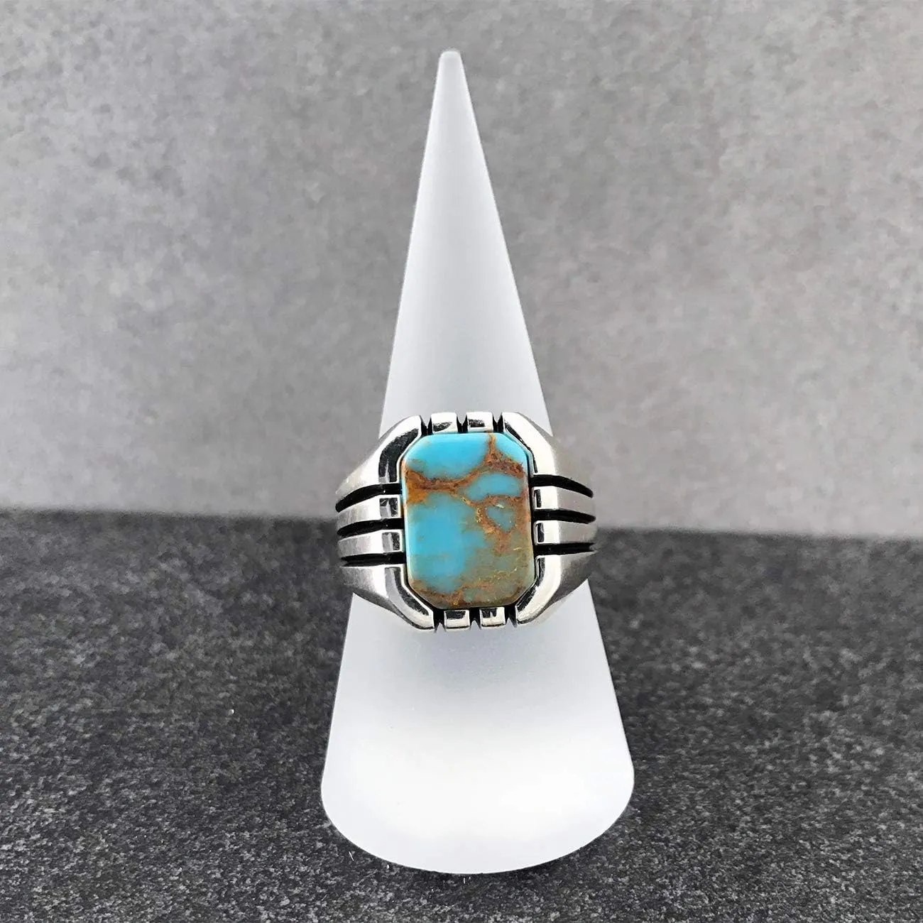 Men's Classics Stripe Design 925 Sterling Silver Ring with Square Shaped Antique Turquoise Gemstone