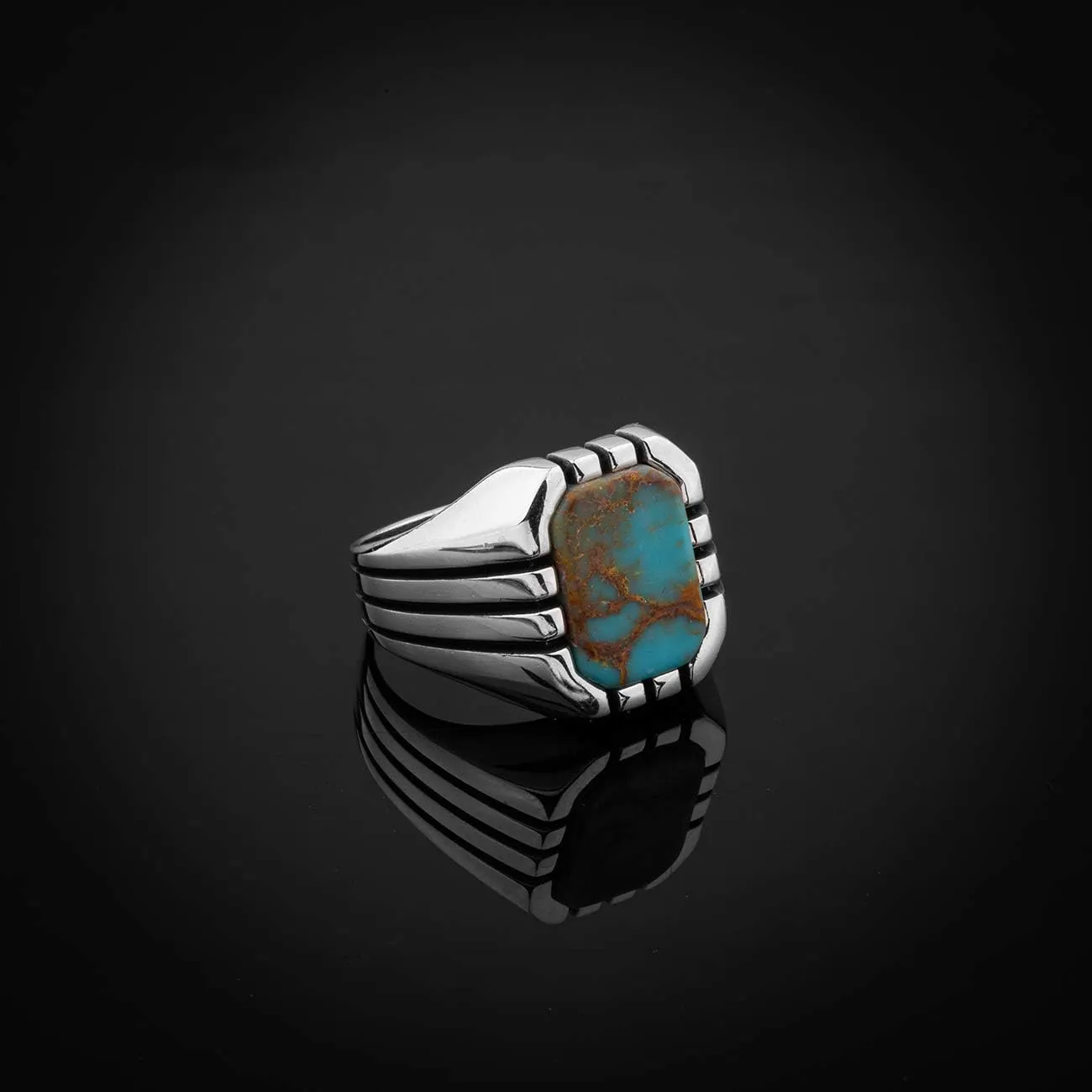 Men's Classics Stripe Design 925 Sterling Silver Ring with Square Shaped Antique Turquoise Gemstone