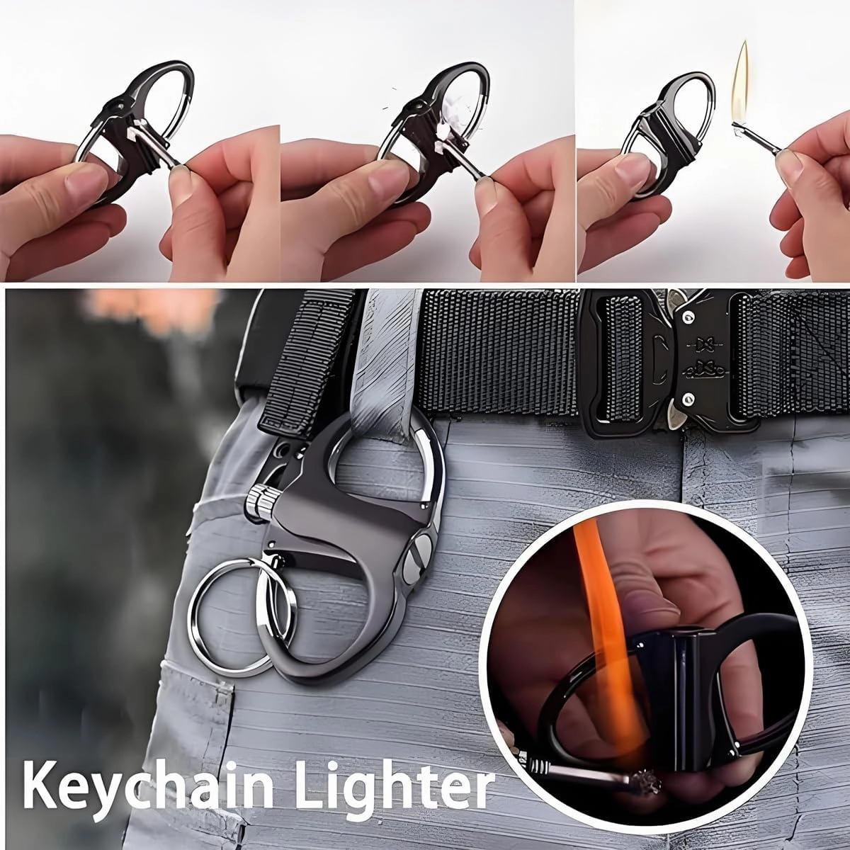 Metal Keychain Lighter, Lighter Match Hidden in Key Chain，Reusable Permanent Match Keychains，2025 New Portable Mini Waterproof Fire Starter Key Ring for Outdoor, Hunting, Traveling (Black, 2PCS)