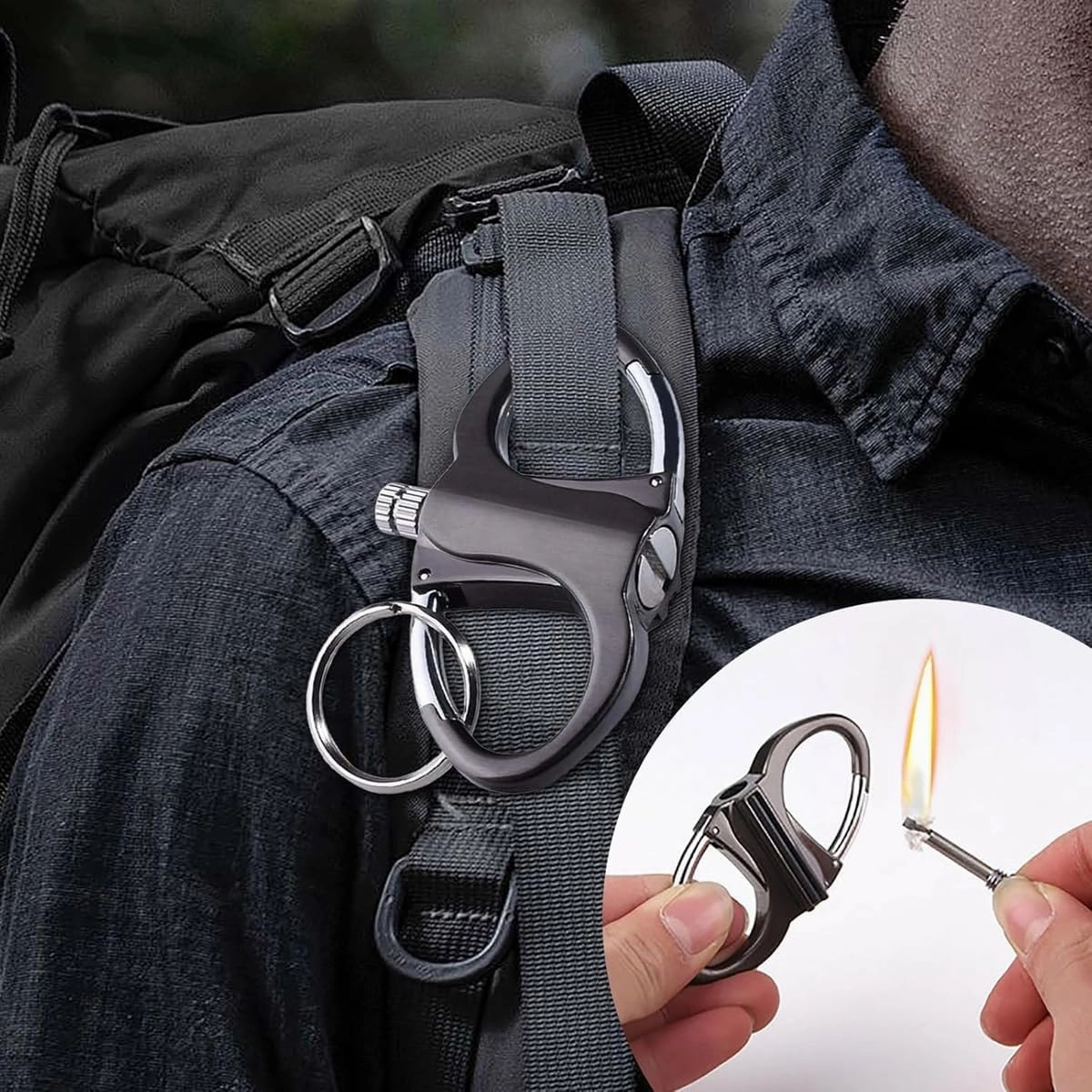 Metal Keychain Lighter, Lighter Match Hidden in Key Chain，Reusable Permanent Match Keychains，2025 New Portable Mini Waterproof Fire Starter Key Ring for Outdoor, Hunting, Traveling (Black, 2PCS)