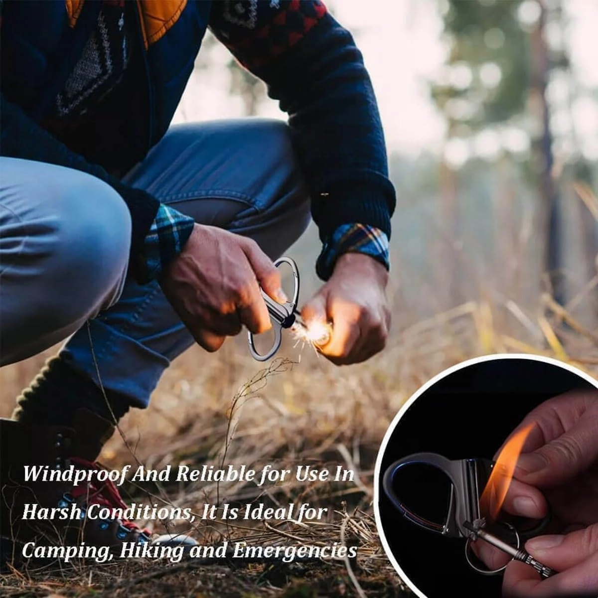 Metal Keychain Lighter, Lighter Match Hidden in Key Chain，Reusable Permanent Match Keychains，2025 New Portable Mini Waterproof Fire Starter Key Ring for Outdoor, Hunting, Traveling (Black, 2PCS)