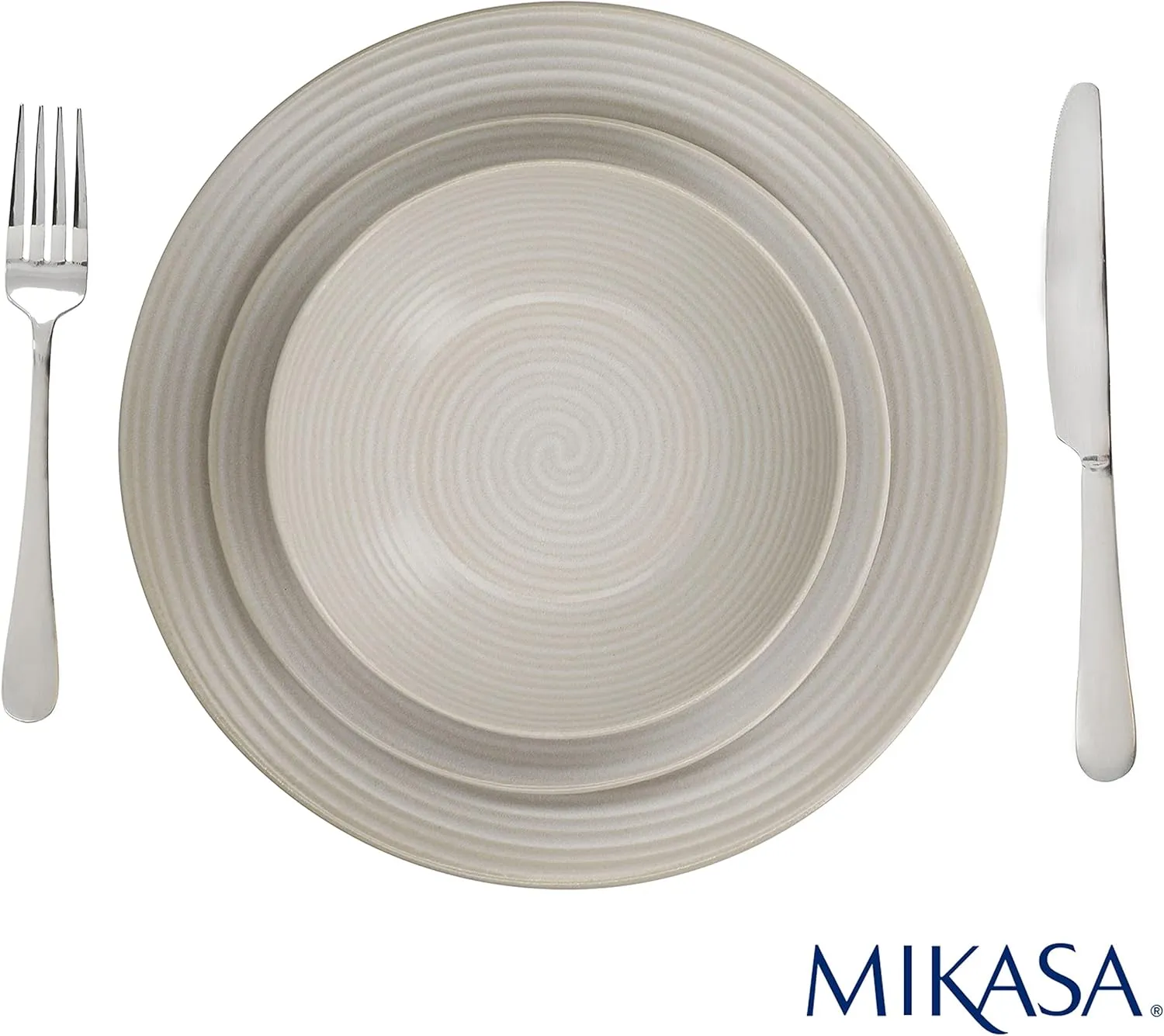 Mikasa Swirl 12 Piece Dinner Set with Embossed Swirl Finish, Portuguese Stoneware, Off White Dinnerware Service for 4