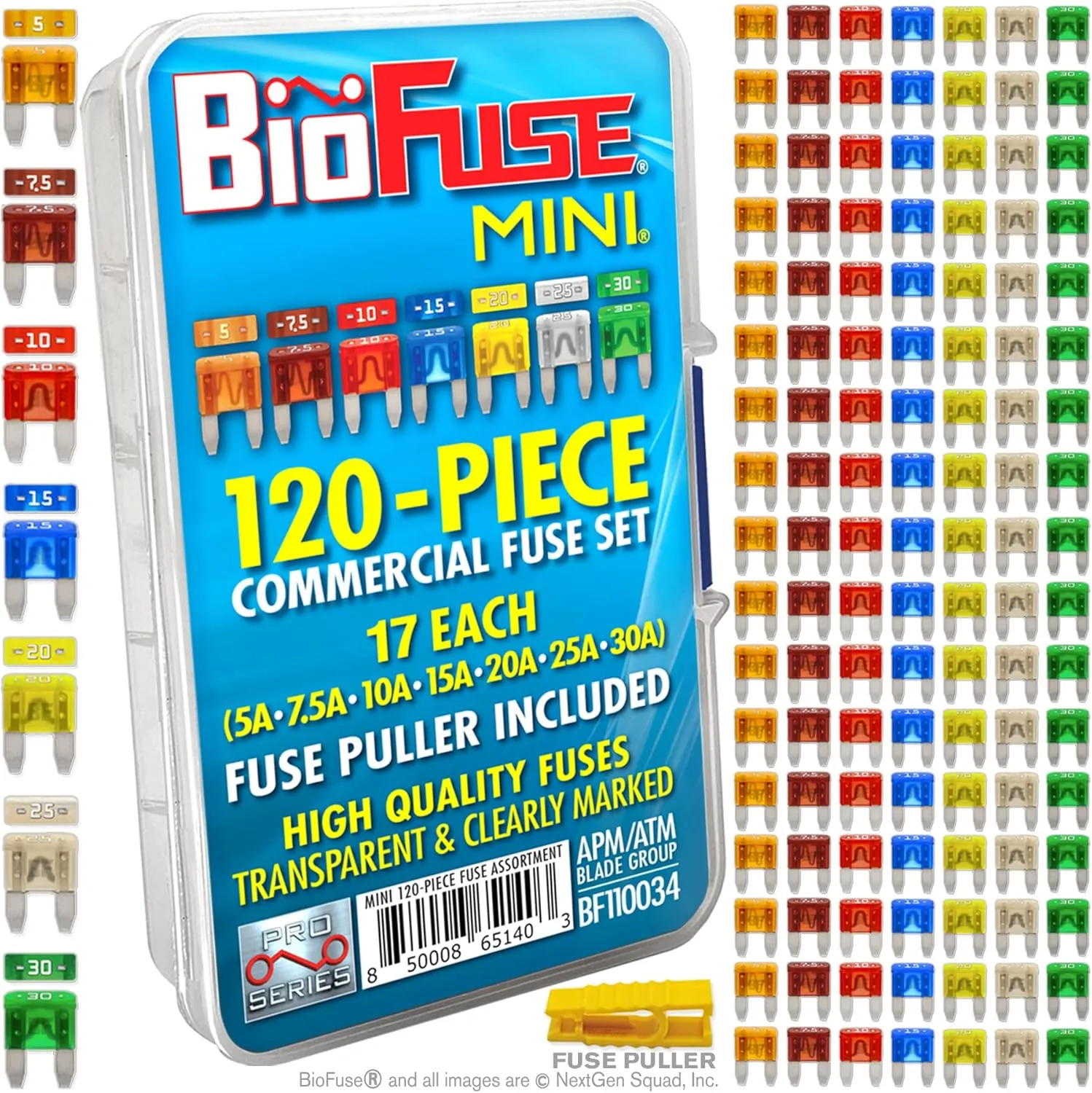 Mini APM ATM 120 Piece Automotive Commercial Car Fuse Assortment (119 Mini Blade Fuses   Fuse Puller) 5A 7.5A 10A 15A 20A 25A 30A