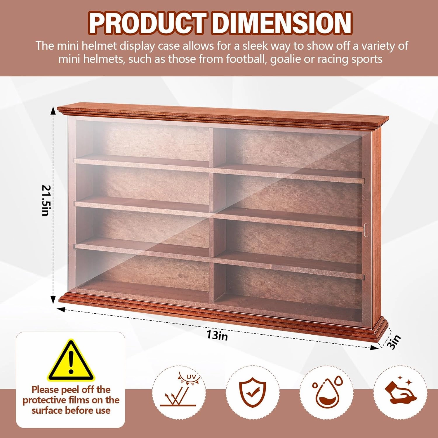 Mini Helmet Display Case Cabinet Holders Wall Mount Rack for Football Baseball Helmet, Natural Wood Frame with Clear Acrylic Door UV Protection, 21.5 x 13 x 3 Inches(Cherry)