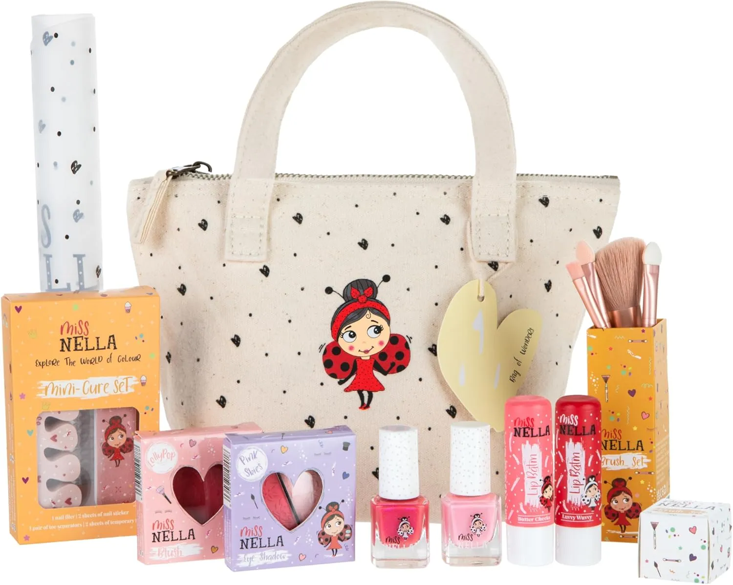 MISS NELLA Kids Bag of Wonders, Makeup & Nail Polish Set Safe and Fun Gift - Hypoallergenic, Dermatologically Tested Kid-Friendly, Non-Toxic, Cosmetic Bag Included – Special Edition