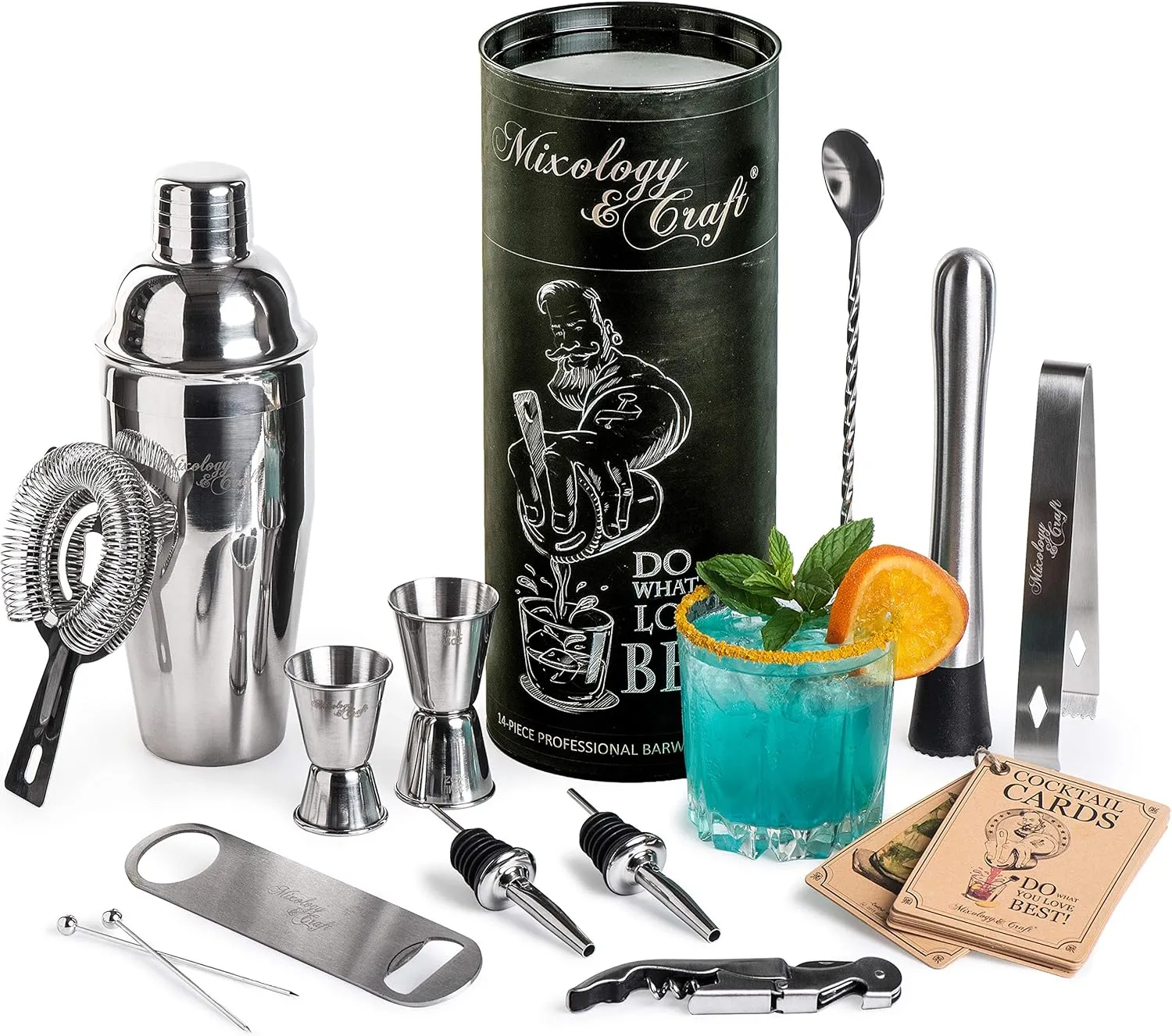 Mixology & Craft Bartender Kit: 14-Piece Cocktail Shaker Set - Bar Tool Set for Home and Professional Bartending - Martini Shaker Set with Drink Mixing Bar Tools - Exclusive Cocktail Recipes Bonus