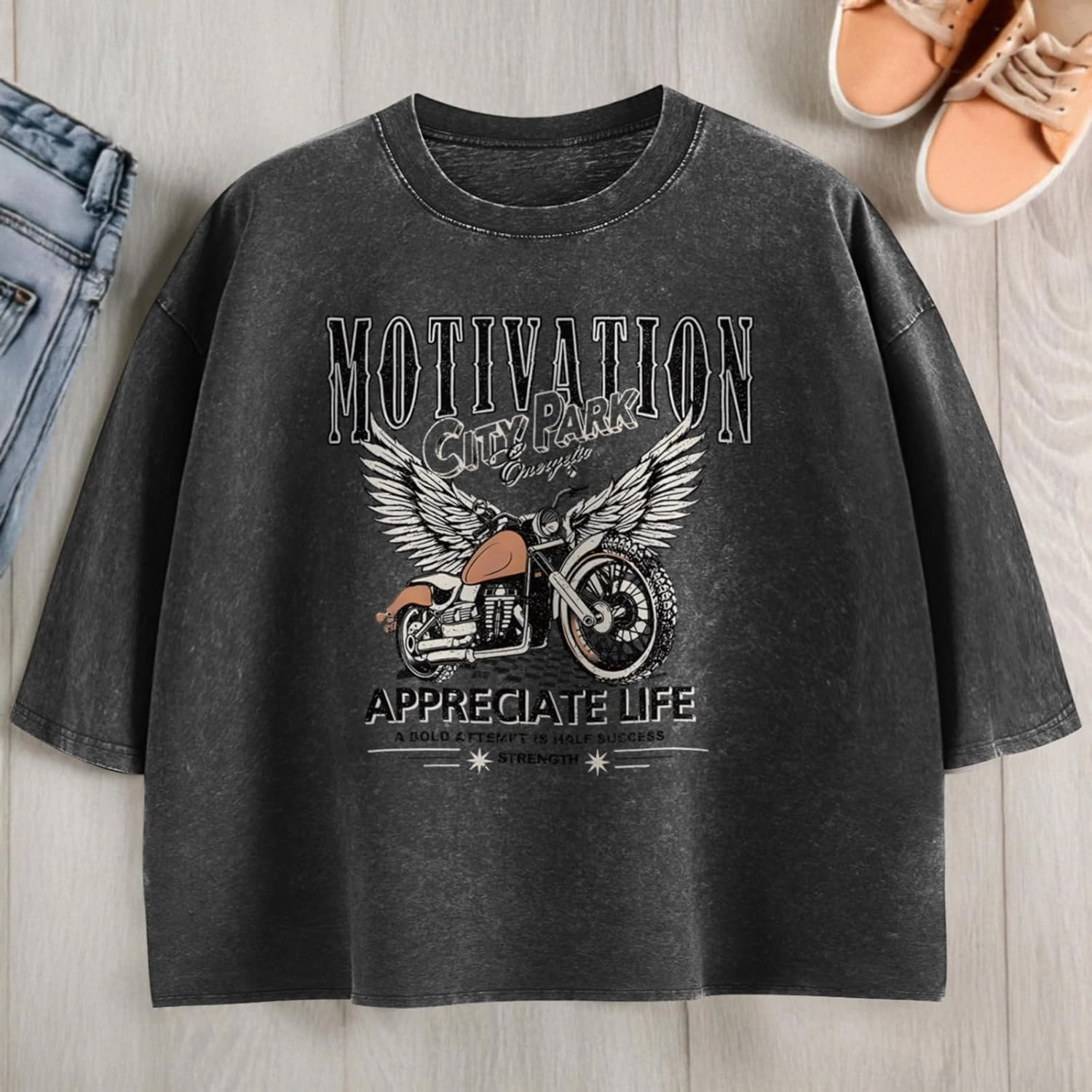 Motorcycle Cropped Graphic Vintage Tees for Women Y2k Aesthetic Baggy Crop Top Acid Wash Motivation T Shirt Trendy