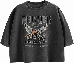 Motorcycle Cropped Graphic Vintage Tees for Women Y2k Aesthetic Baggy Crop Top Acid Wash Motivation T Shirt Trendy