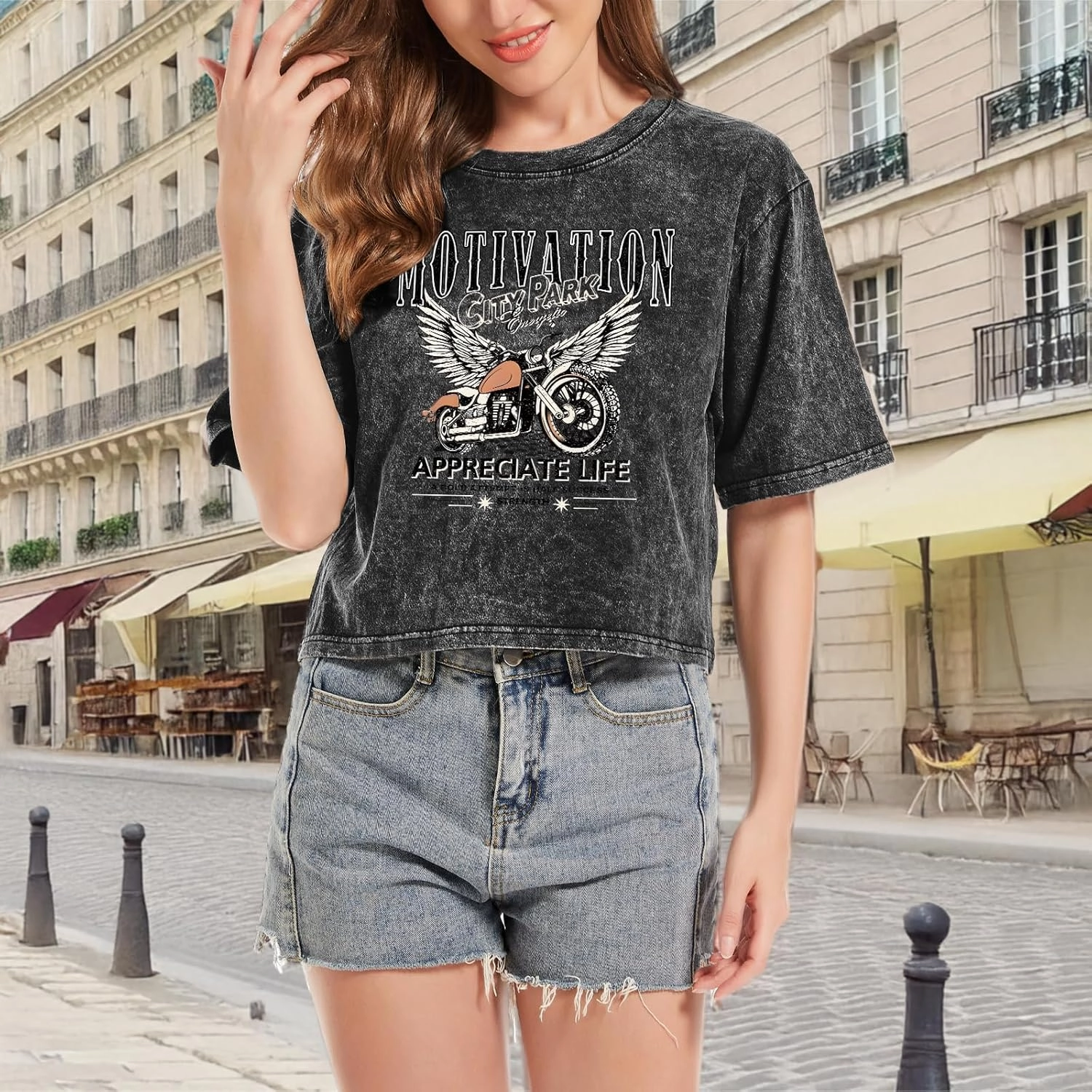 Motorcycle Cropped Graphic Vintage Tees for Women Y2k Aesthetic Baggy Crop Top Acid Wash Motivation T Shirt Trendy
