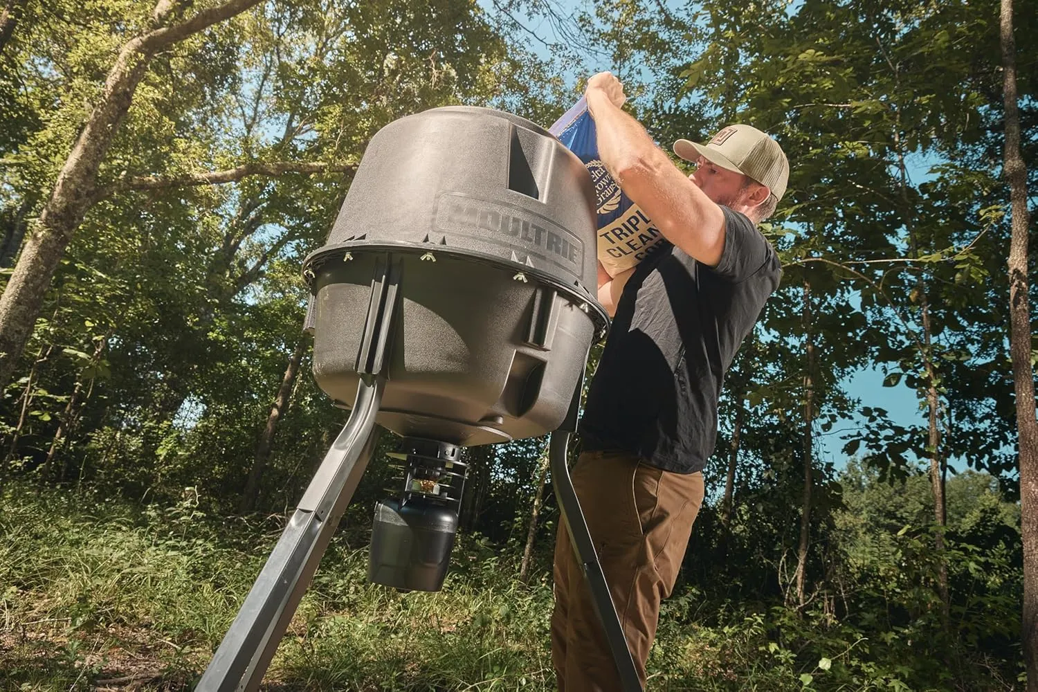 Moultrie 30-Gallon Deer Feeder Tripod Quick-Lock Hopper System - Digital Timer Control - 200 lb Feed Capacity - Durable Polymer Build - Metal Spin Plate