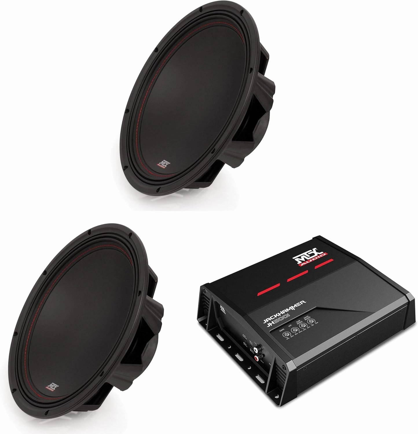 MTX JH5001 Jackhammer Series 500W x 1 @ 1-Ohm Class D Mono Block Amplifier, and (2) MTX 3512-04 35-Series 12" 250W RMS 4-Ohm Subwoofer
