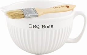 Mud Pie Circa BBQ Pitcher Sauce Set, White, bowl 4" x 8" dia | brush 6 1/2"