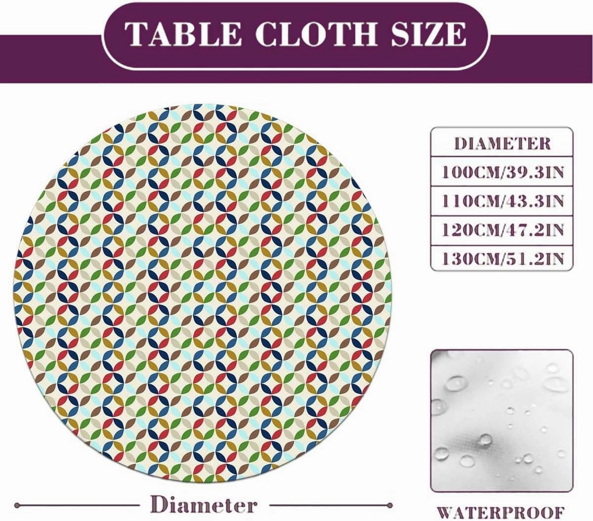 Multicolor Tablecloth Pads for Round Tables Circle Dimensional Ring Forms Fitted Round Tablecloth with Elastic Edge Spill Oil-Proof Waterproof Fit for 40"-43" Diameter Table Geometric