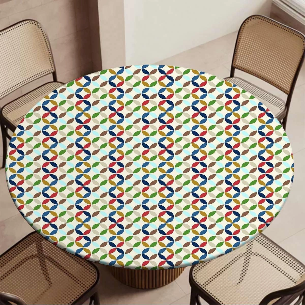 Multicolor Tablecloth Pads for Round Tables Circle Dimensional Ring Forms Fitted Round Tablecloth with Elastic Edge Spill Oil-Proof Waterproof Fit for 40"-43" Diameter Table Geometric