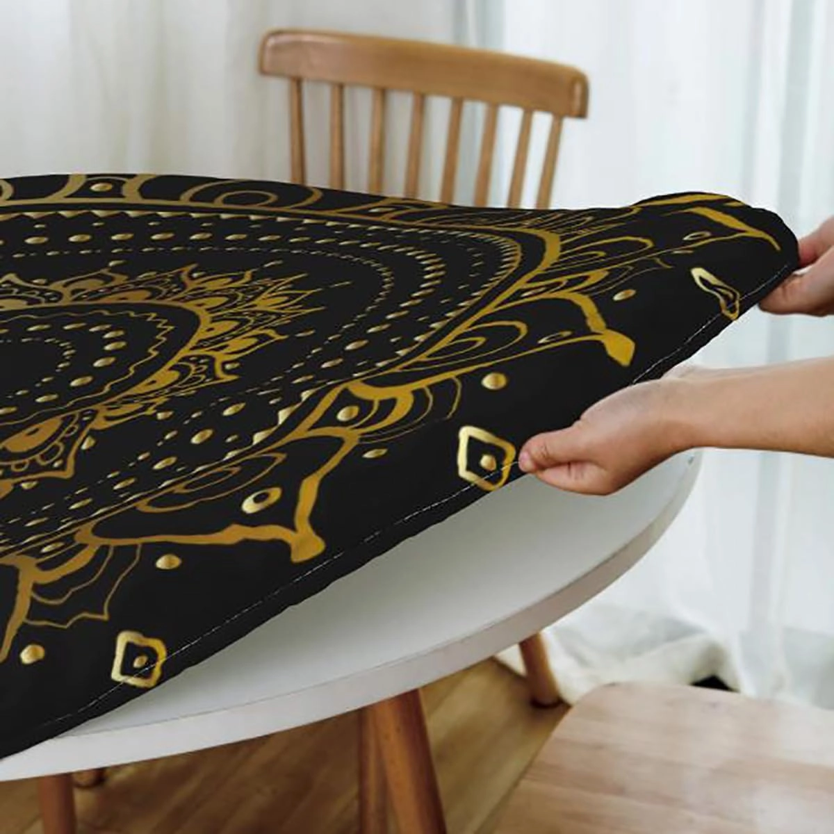Multicolor Tablecloth Pads for Round Tables Circle Dimensional Ring Forms Fitted Round Tablecloth with Elastic Edge Spill Oil-Proof Waterproof Fit for 40"-43" Diameter Table Geometric