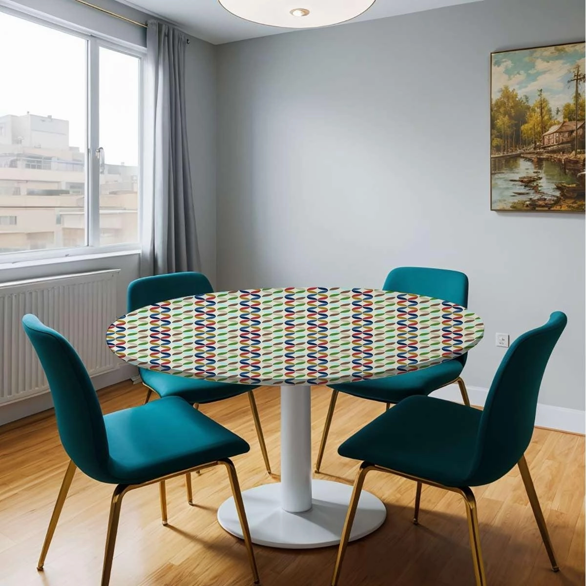 Multicolor Tablecloth Pads for Round Tables Circle Dimensional Ring Forms Fitted Round Tablecloth with Elastic Edge Spill Oil-Proof Waterproof Fit for 40"-43" Diameter Table Geometric
