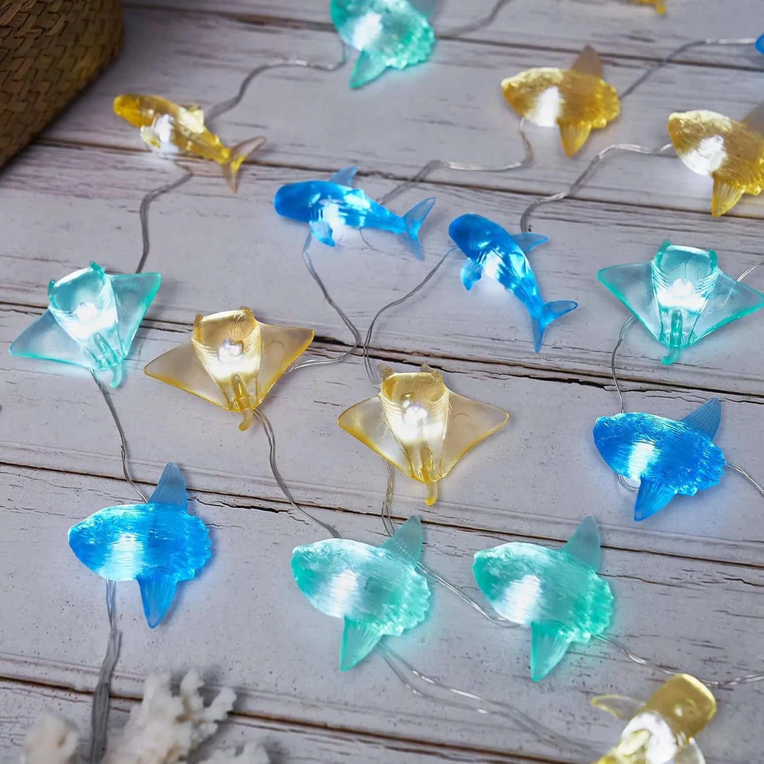 Nautical theme Sea Life Decorative Fairy String Lights, Whale Shark, Sunfish, Manta Ray Cute Novelty Marine Lights 30 LEDs 10 ft USB or Battery Operated for Bedroom Classroom Beach Aquarium Wall Decor