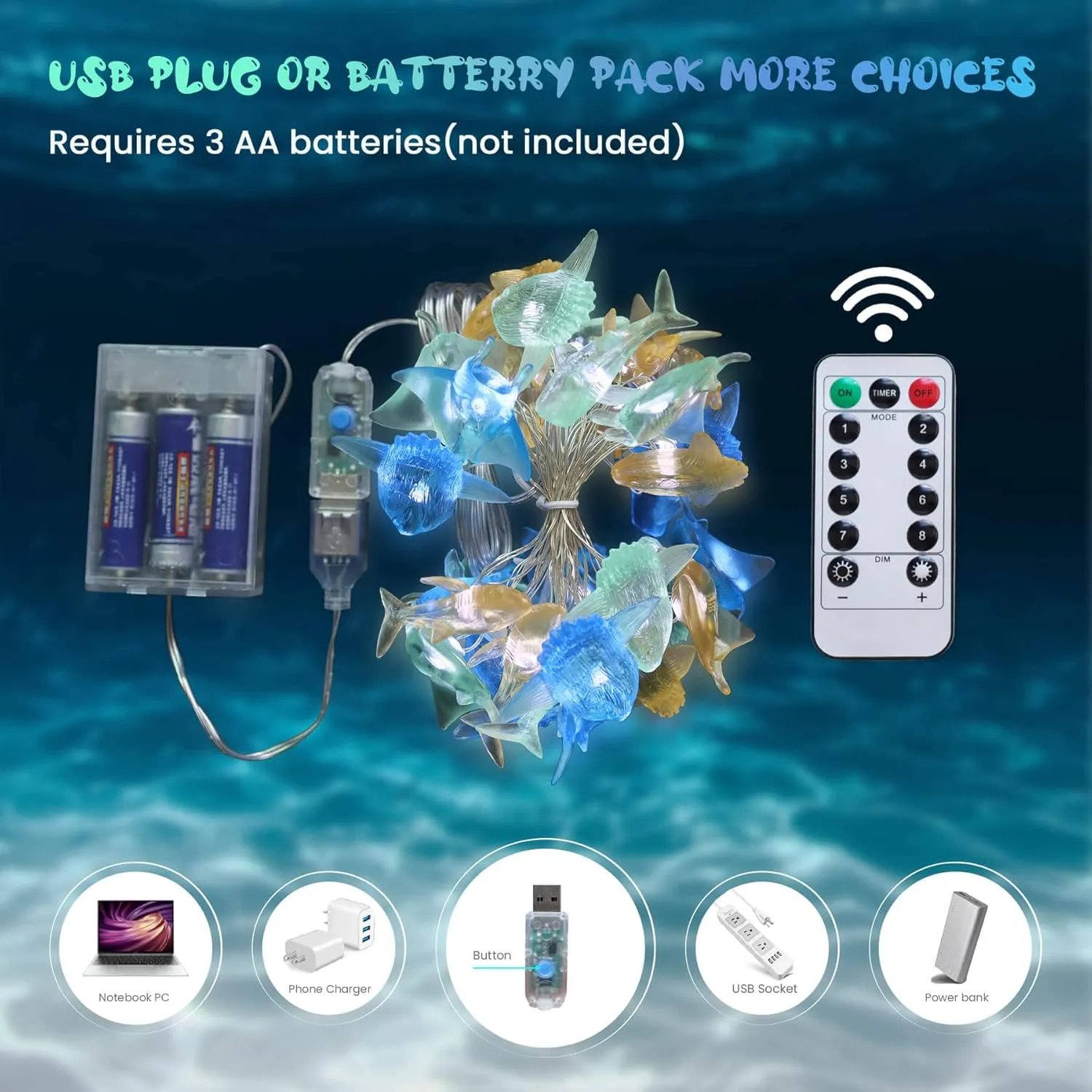 Nautical theme Sea Life Decorative Fairy String Lights, Whale Shark, Sunfish, Manta Ray Cute Novelty Marine Lights 30 LEDs 10 ft USB or Battery Operated for Bedroom Classroom Beach Aquarium Wall Decor