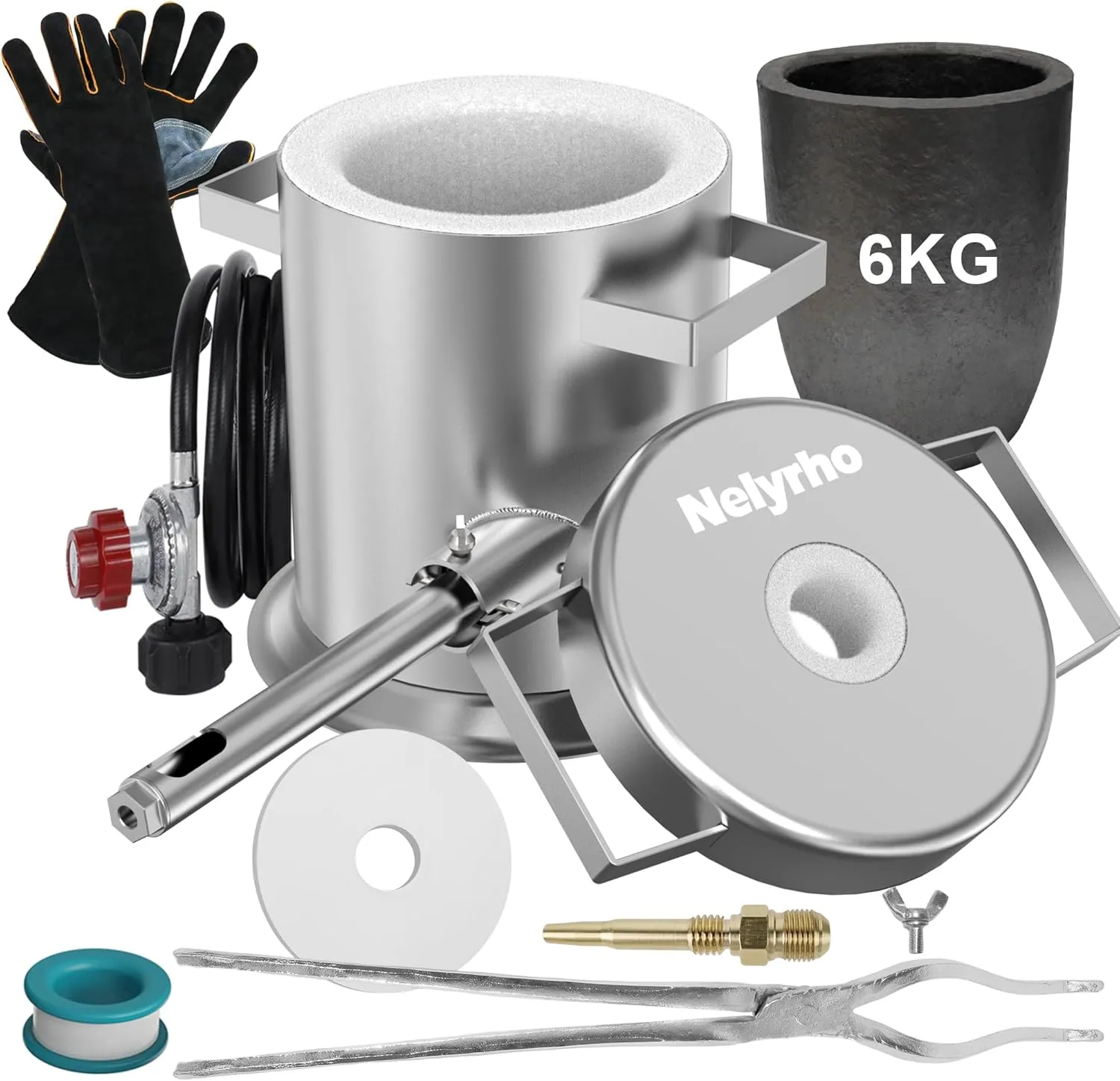 Nelyrho 6KG Melting Furnace Kit - Stainless Steel Foundry with Crucible, Crucible Tongs, Gloves - Ideal for Smelting Gold, Silver, Copper, and Aluminum - Metal Recycling Casting Tool