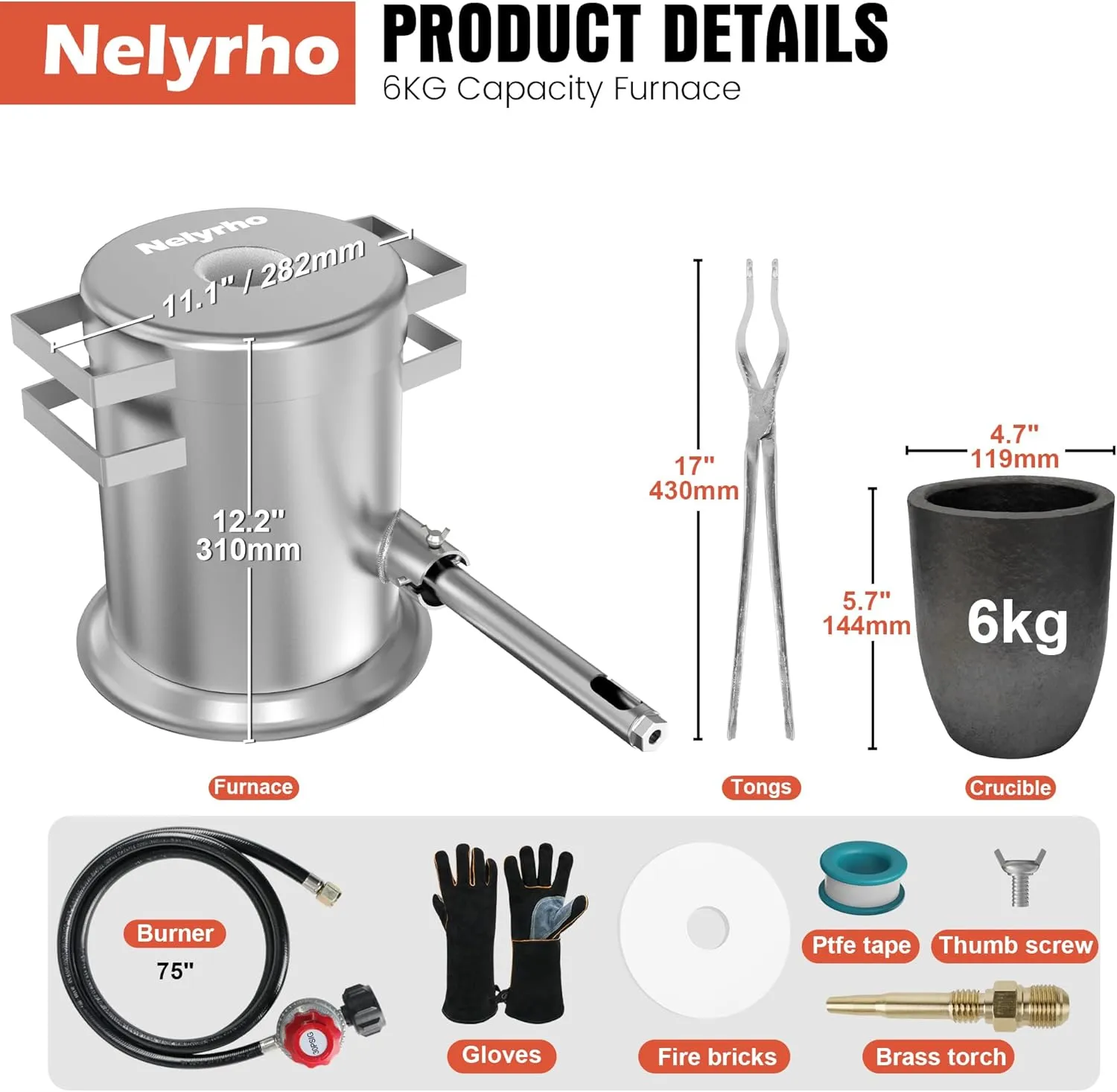 Nelyrho 6KG Melting Furnace Kit - Stainless Steel Foundry with Crucible, Crucible Tongs, Gloves - Ideal for Smelting Gold, Silver, Copper, and Aluminum - Metal Recycling Casting Tool