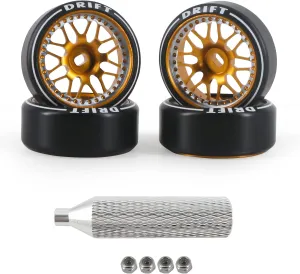 New Cool 4Pcs/Set 16 Spoke Rc Drift Wheels & Logo Drift Tires, [2N 2W] Aluminum Alloy Rims with Rc Drift Car Tires for 1/24 1/28 Kyosho Mini-Q HGD1 HGV1 Wltoys K969 K989 K929 AWD (Gold)