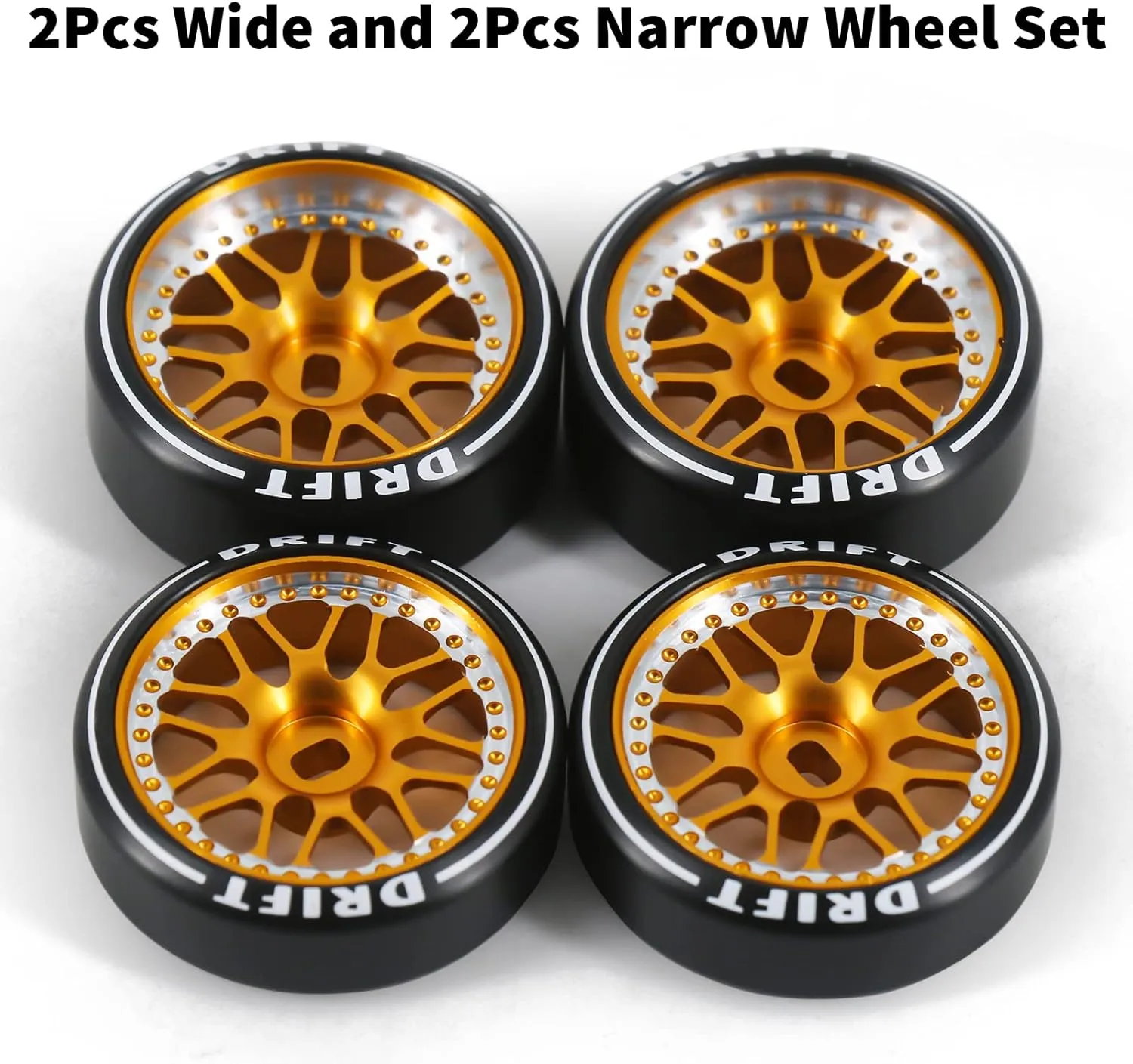 New Cool 4Pcs/Set 16 Spoke Rc Drift Wheels & Logo Drift Tires, [2N 2W] Aluminum Alloy Rims with Rc Drift Car Tires for 1/24 1/28 Kyosho Mini-Q HGD1 HGV1 Wltoys K969 K989 K929 AWD (Gold)