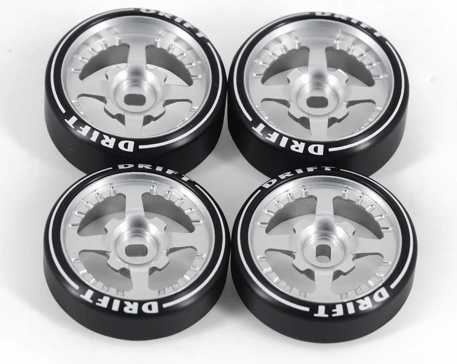 New 4 Pcs Rc Car Drift Wheels with Logo Tires for 1/28 Wltoys K969 K989 K929, [2N 2W] 4 Spoke Durable Aluminum Alloy Rc Drift Car Tires for 1/24 1/28 Mini-Q HGD1 HGV1 Upgrade Parts (Silver)