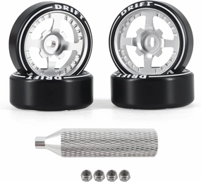 New 4 Pcs Rc Car Drift Wheels with Logo Tires for 1/28 Wltoys K969 K989 K929, [2N 2W] 4 Spoke Durable Aluminum Alloy Rc Drift Car Tires for 1/24 1/28 Mini-Q HGD1 HGV1 Upgrade Parts (Silver)