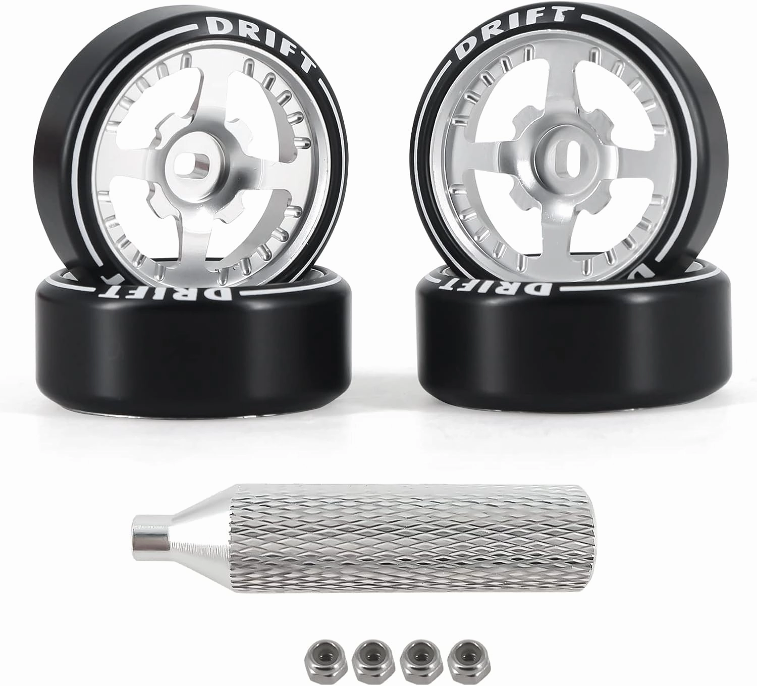 New 4 Pcs Rc Car Drift Wheels with Logo Tires for 1/28 Wltoys K969 K989 K929, [2N 2W] 4 Spoke Durable Aluminum Alloy Rc Drift Car Tires for 1/24 1/28 Mini-Q HGD1 HGV1 Upgrade Parts (Silver)