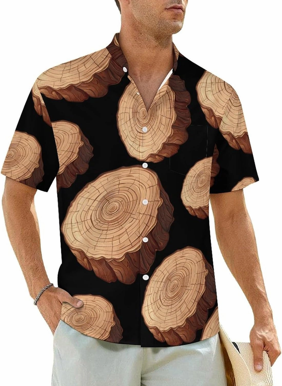 Oak Tree Ring Old Growth Tree Men's Short Sleeve Shirt Casual Button Down Shirt Banded Collar T Shirt Beach Tee with Pocket