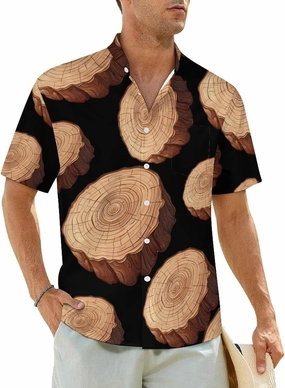 Oak Tree Ring Old Growth Tree Men's Short Sleeve Shirt Casual Button Down Shirt Banded Collar T Shirt Beach Tee with Pocket