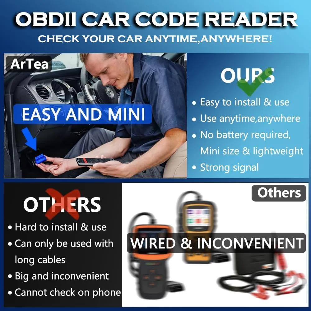 OBD2 Scanner Wireless Car Code Reader for All Cars, Bluetooth OBDII Reader Car Diagnostic Tool, OBDII Compatible Car Scanner Support iOS and Android,Check Engine Code Reader【2025 New Upgraded 】