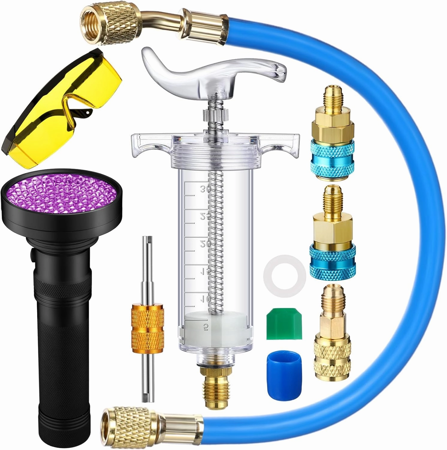 Oil and Dye Injector Kit 1/4" SAE with SAE R134a Oil Injector R1234yf Low Side Quick Coupler R410a Split Adapter Compatible with R134a R22 R12 R1234yf, Hand Push Compressor Manual 1oz/30ml