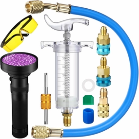 Oil and Dye Injector Kit 1/4" SAE with SAE R134a Oil Injector R1234yf Low Side Quick Coupler R410a Split Adapter Compatible with R134a R22 R12 R1234yf, Hand Push Compressor Manual 1oz/30ml