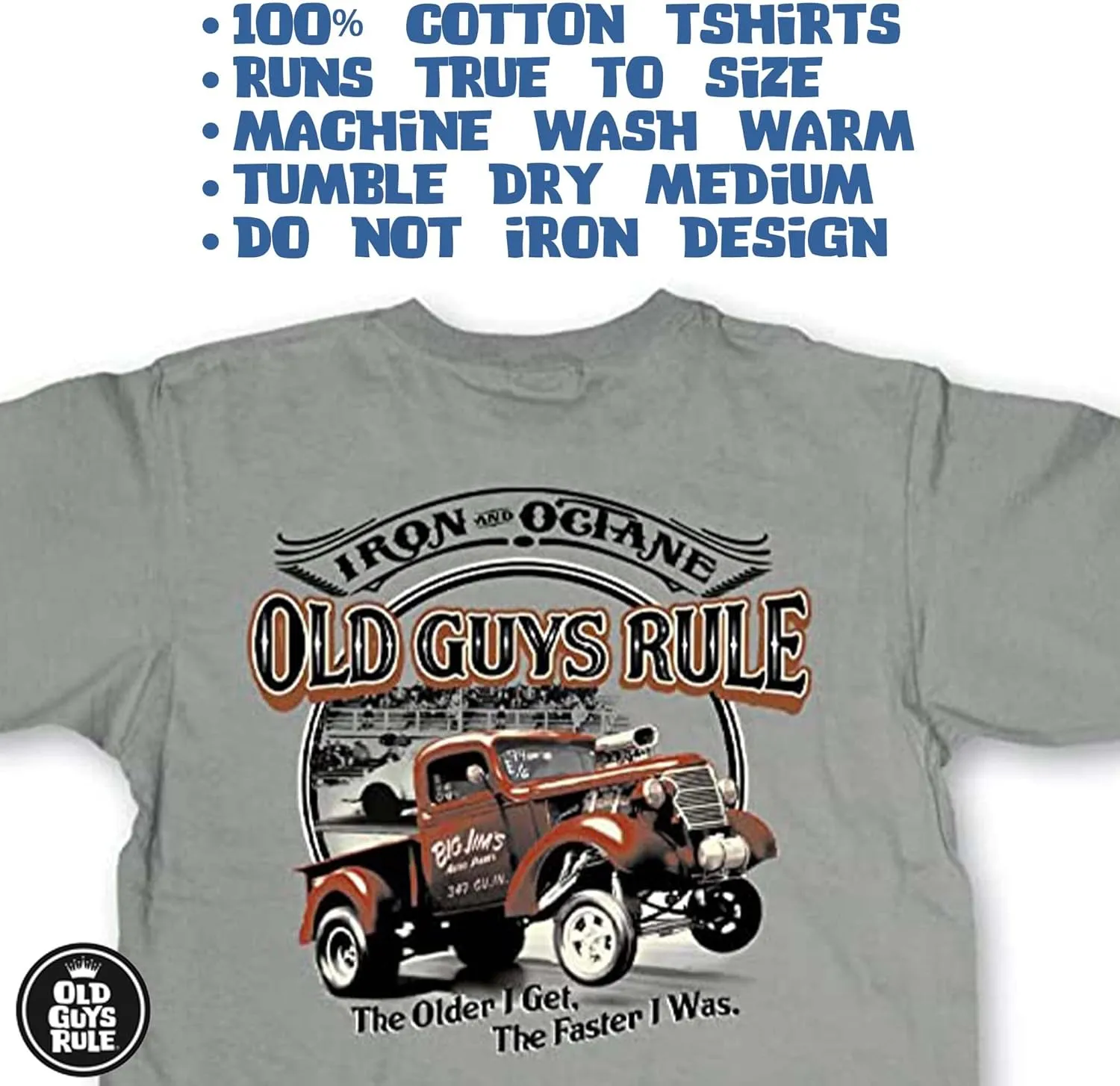OLD GUYS RULE Men's Graphic T-Shirt, Iron and Octane - Father's Day, Birthday Gift - Novelty Tee for Classic Car Truck Lovers