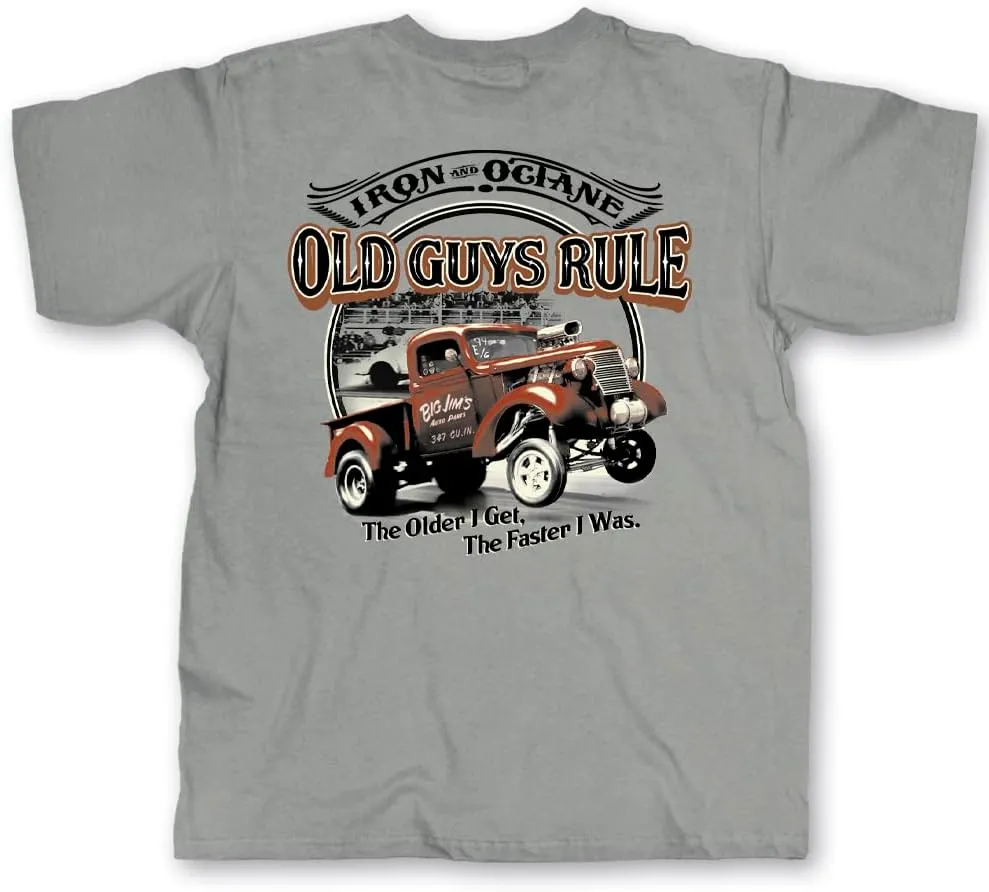 OLD GUYS RULE Men's Graphic T-Shirt, Iron and Octane - Father's Day, Birthday Gift - Novelty Tee for Classic Car Truck Lovers