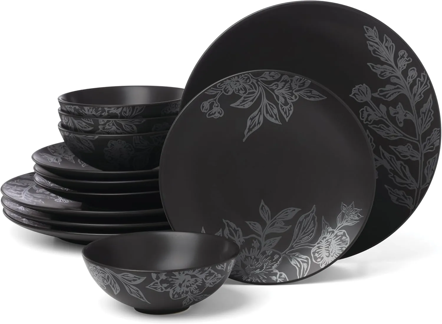 Oneida 897391 Roseto 12-Piece Dinnerware Set, Charcoal