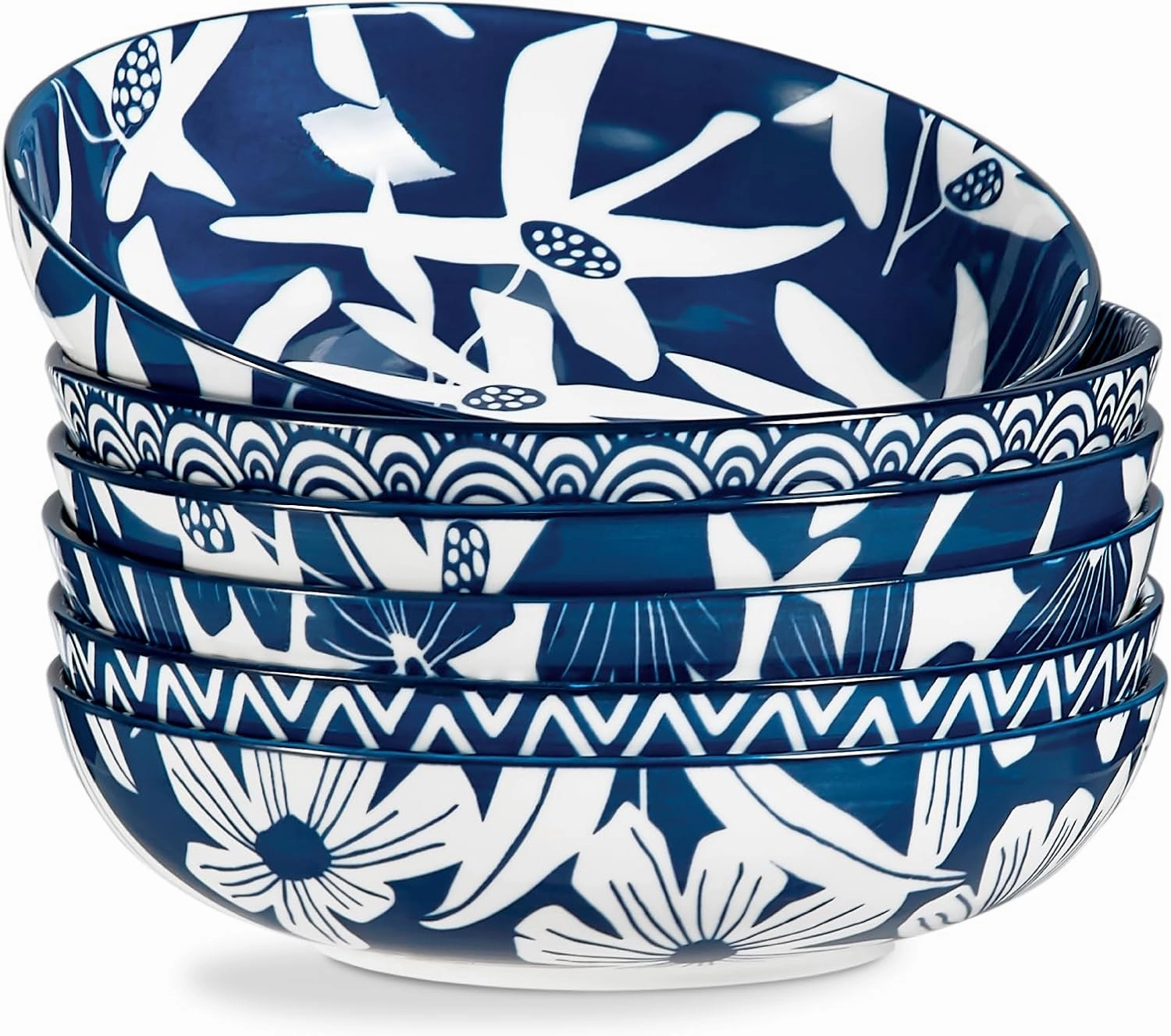 ONEMORE Pasta Bowls Set of 6, 36 oz - Oven Safe Ceramic Shallow Bowls for Salad - Scratch Resistant, Microwave & Dishwasher Safe, Large Kitchen Dinner Bowls Set- Vintage Blue