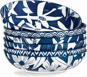 ONEMORE Pasta Bowls Set of 6, 36 oz - Oven Safe Ceramic Shallow Bowls for Salad - Scratch Resistant, Microwave & Dishwasher Safe, Large Kitchen Dinner Bowls Set- Vintage Blue