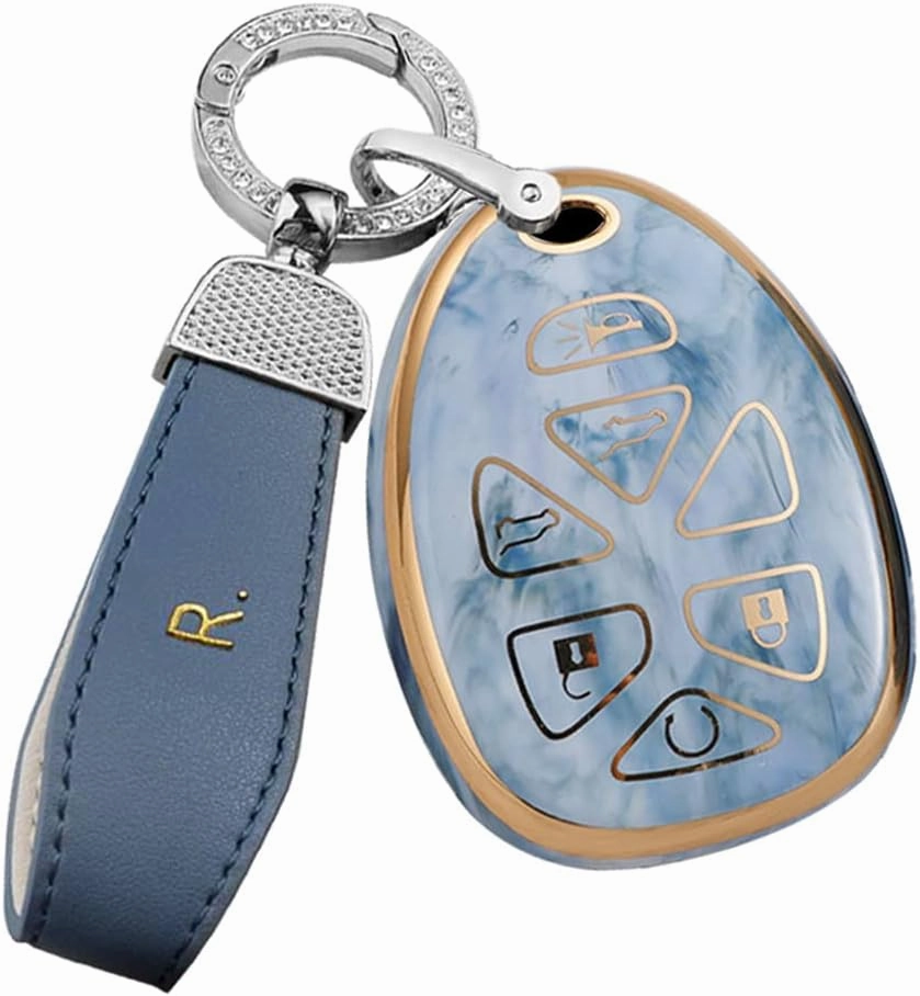ontto Key Fob Skin Fit for Chevy Tahoe Suburban TPU Smart Remote Key Cover Fit for Cadillac Escalade Marble Pattern Key Bag Fit for GMC Yukon Blue