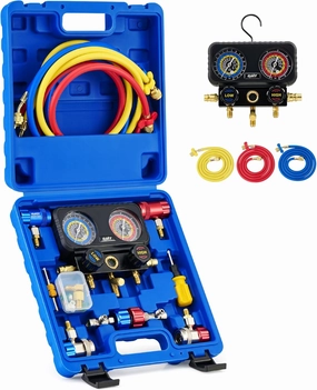 Orion Motor Tech AC Gauges, 3 Way Manifold Gauge Set for R1234yf R134a R404a Refrigerant, Automotive Gauge Set with Hoses Quick Couplers Self Sealing Can Taps for Car Freon Charging & Evacuation
