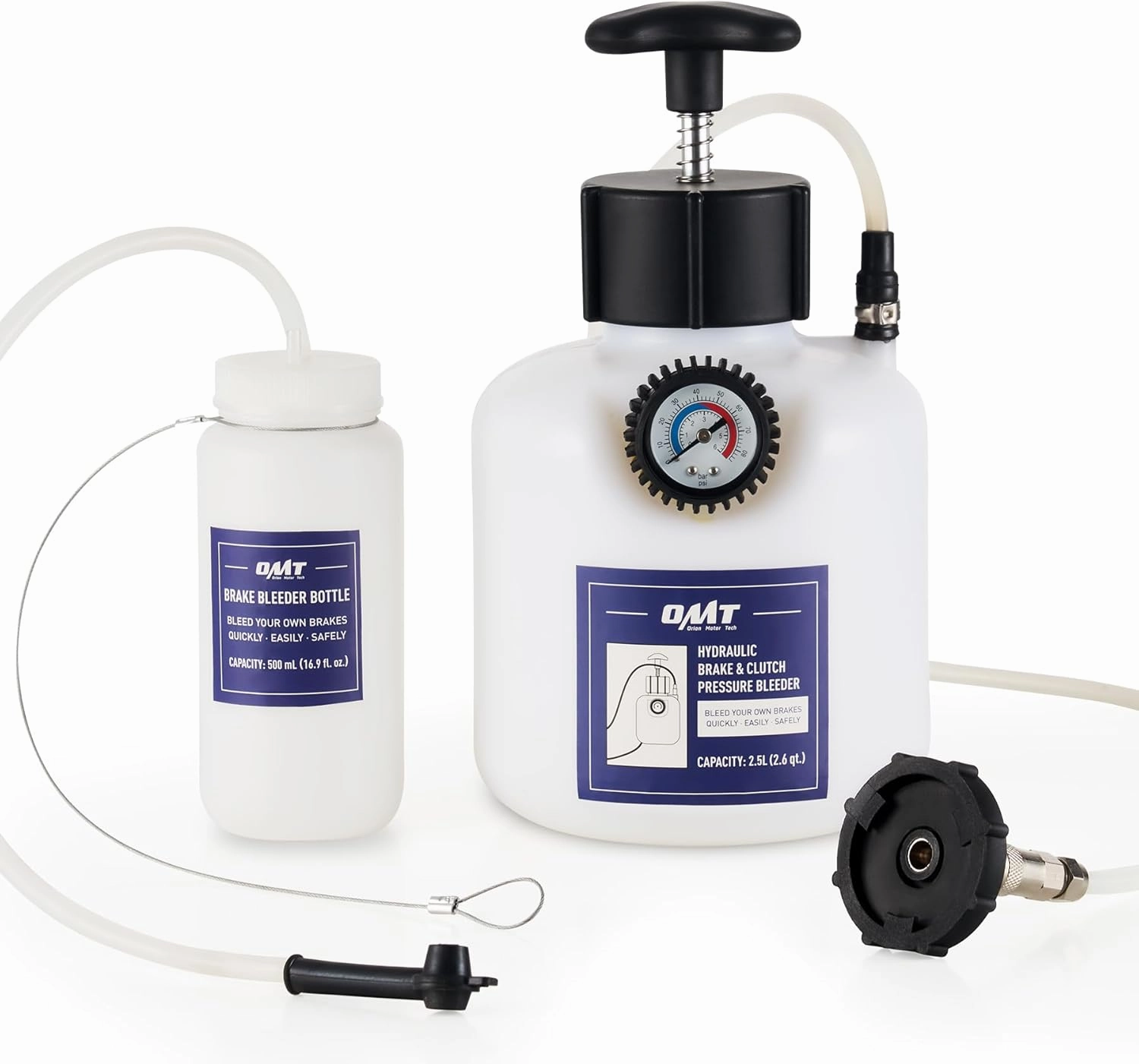 Orion Motor Tech Pressure Bleeder, 2.5L Pressure Brake Bleeder Set with 49.5mm Adapter, 2.6qt Manual Power Brake Bleeder with 500mL Brake Bleeder Bottle Compatible with GM Models Chevrolet Chrysler